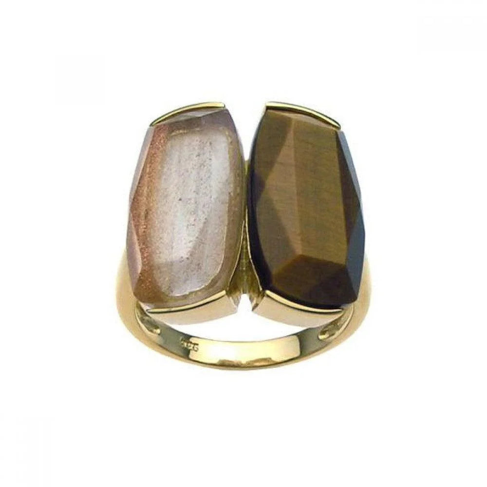 925 Silver Clearance-Gold Plated Tiger Eyes Sandstone Ring