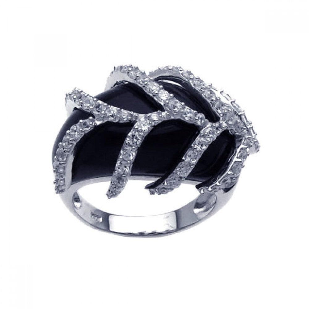 925 Silver Clearance-Rhodium Plated Black Onyx CZ Leaf Ring