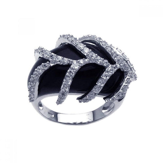 925 Silver Clearance-Rhodium Plated Black Onyx CZ Leaf Ring