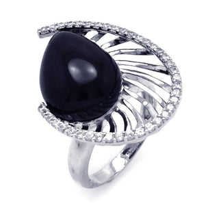 925 Silver Clearance-Rhodium Plated Black Onyx Clear CZ Spiral Ring