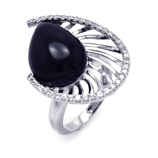 925 Silver Clearance-Rhodium Plated Black Onyx Clear CZ Spiral Ring