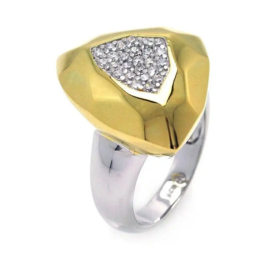 925 Sterling Silver Clearance Rhodium and Gold Plated 2 Toned Pave Set Clear CZ Hammered Ring
