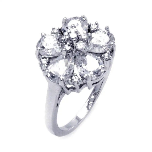 925 Sterling Silver Clearance Rhodium Plated Clear Teardrop Round CZ Flower Ring