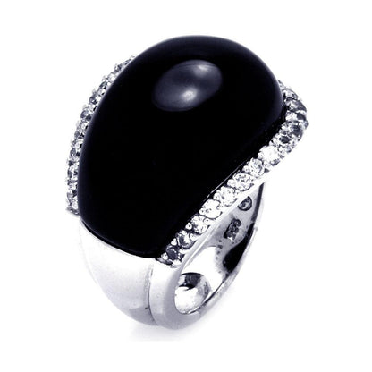 925 Silver Clearance-Rhodium Plated Black Onyx Clear CZ Border Ring