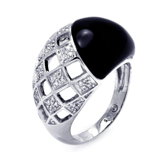 925 Silver Clearance-Rhodium Plated Black Onyx Clear CZ Net Ring