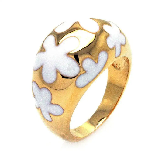 925 Sterling Silver Clearance Gold Plated White Enamel Flower Dome Ring