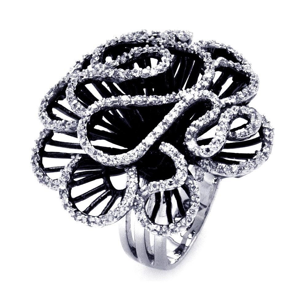 925 Silver Clearance - Rhodium and Black Rhodium Plated 2 Toned Clear CZ Coral Flower Ring