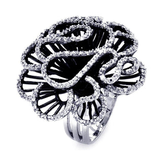 925 Silver Clearance - Rhodium and Black Rhodium Plated 2 Toned Clear CZ Coral Flower Ring