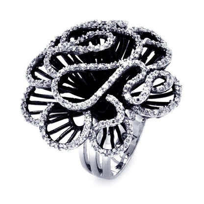 925 Silver Clearance - Rhodium and Black Rhodium Plated 2 Toned Clear CZ Coral Flower Ring