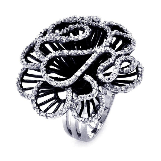 925 Silver Clearance - Rhodium and Black Rhodium Plated 2 Toned Clear CZ Coral Flower Ring