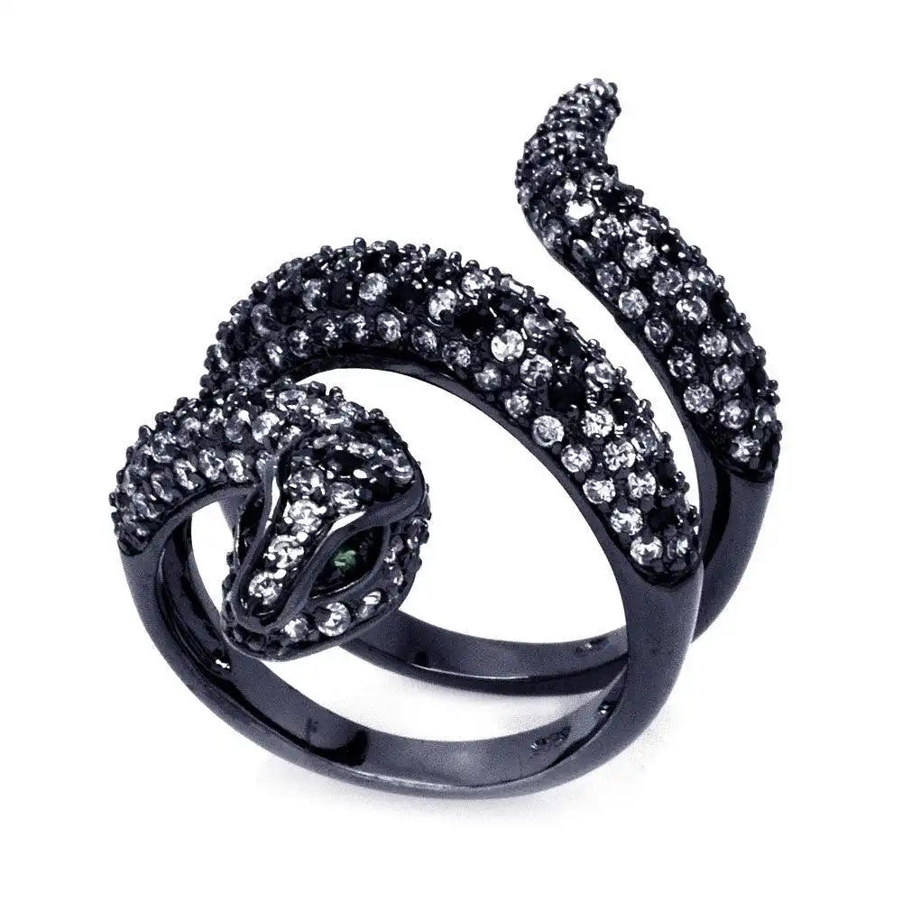 925 Sterling Silver Clearance Black Rhodium Plated Black and Clear CZ Snake Wrap Ring