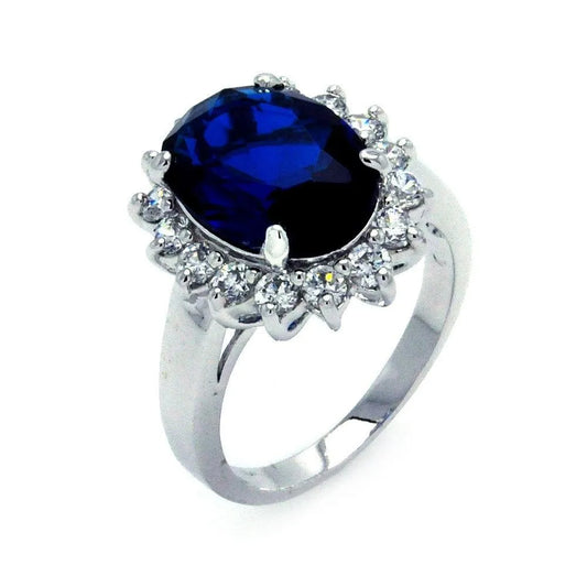 925 Sterling Silver Rhodium Plated Blue and Clear Cluster CZ Flower Ring