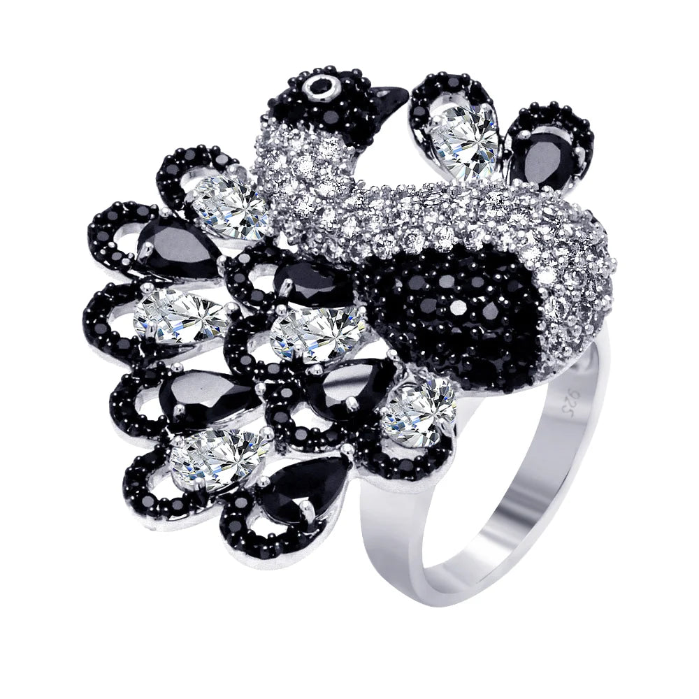 925 Silver Clearance-Rhodium and Black Rhodium Plated 2 Toned Black and Clear Pave Set CZ Peacock Ring