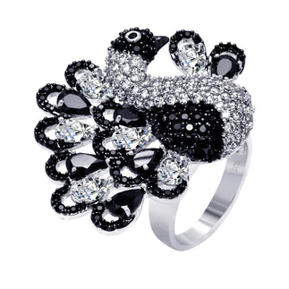 925 Silver Clearance-Rhodium and Black Rhodium Plated 2 Toned Black and Clear Pave Set CZ Peacock Ring