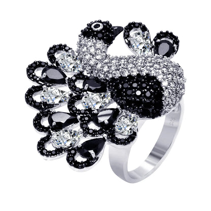 925 Silver Clearance-Rhodium and Black Rhodium Plated 2 Toned Black and Clear Pave Set CZ Peacock Ring