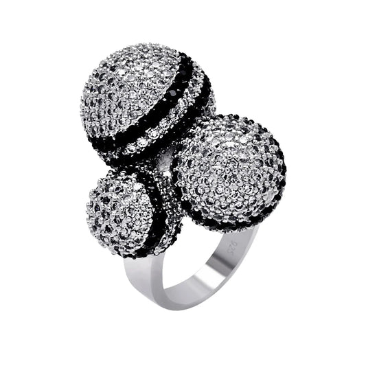 925 Silver Clearance-Rhodium and Black Rhodium Plated Black and Clear Pave Set CZ Multiple Ball Ring