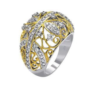 925 Sterling Silver Clearance Rhodium and Gold Plated 2 Toned Clear CZ Filigree Dome Ring