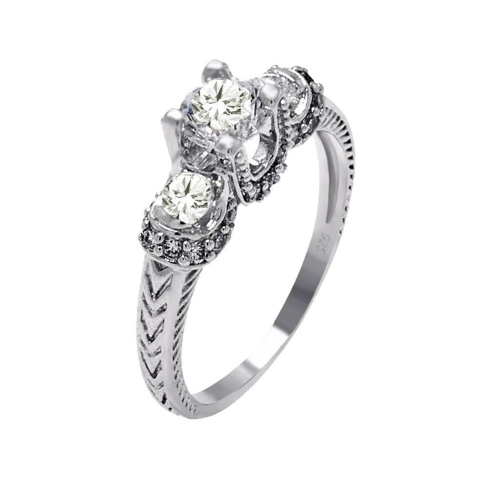 925 Silver Rhodium Plated Clear CZ Past Present Future Bridal Ring