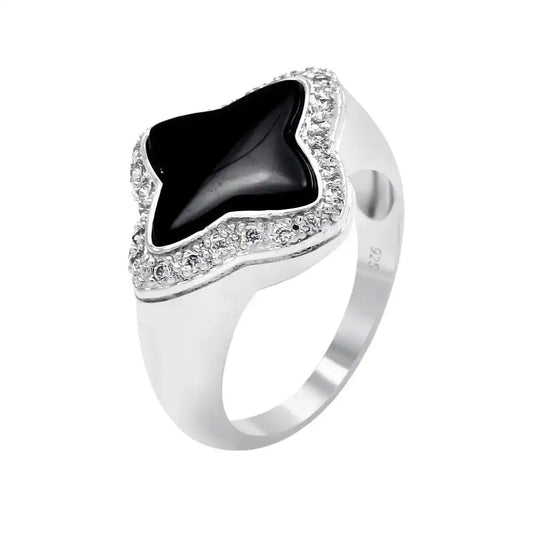 925 Sterling Silver Clearance Rhodium Plated Black Onyx Center Clear Cluster Border CZ Flower Ring