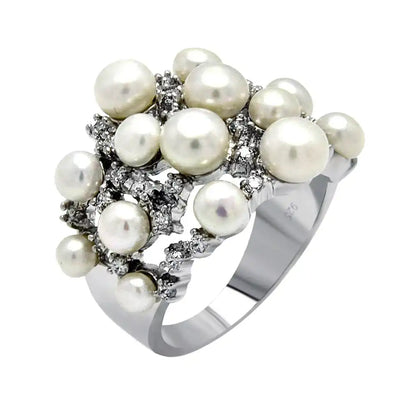 925 Sterling Silver Clearance Rhodium Plated Clear CZ Multiple Fresh Water Pearl Ring