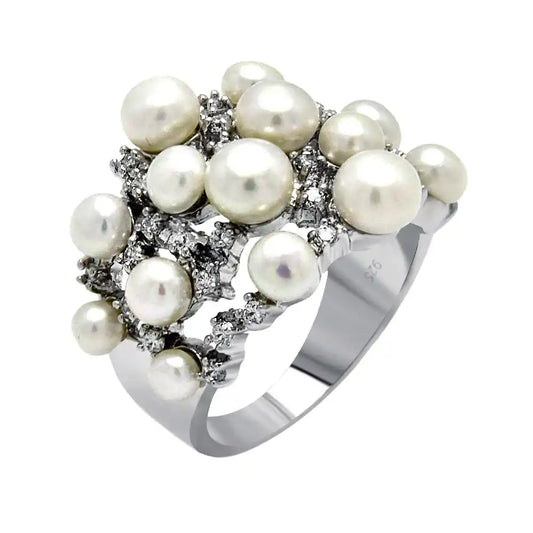 925 Sterling Silver Clearance Rhodium Plated Clear CZ Multiple Fresh Water Pearl Ring