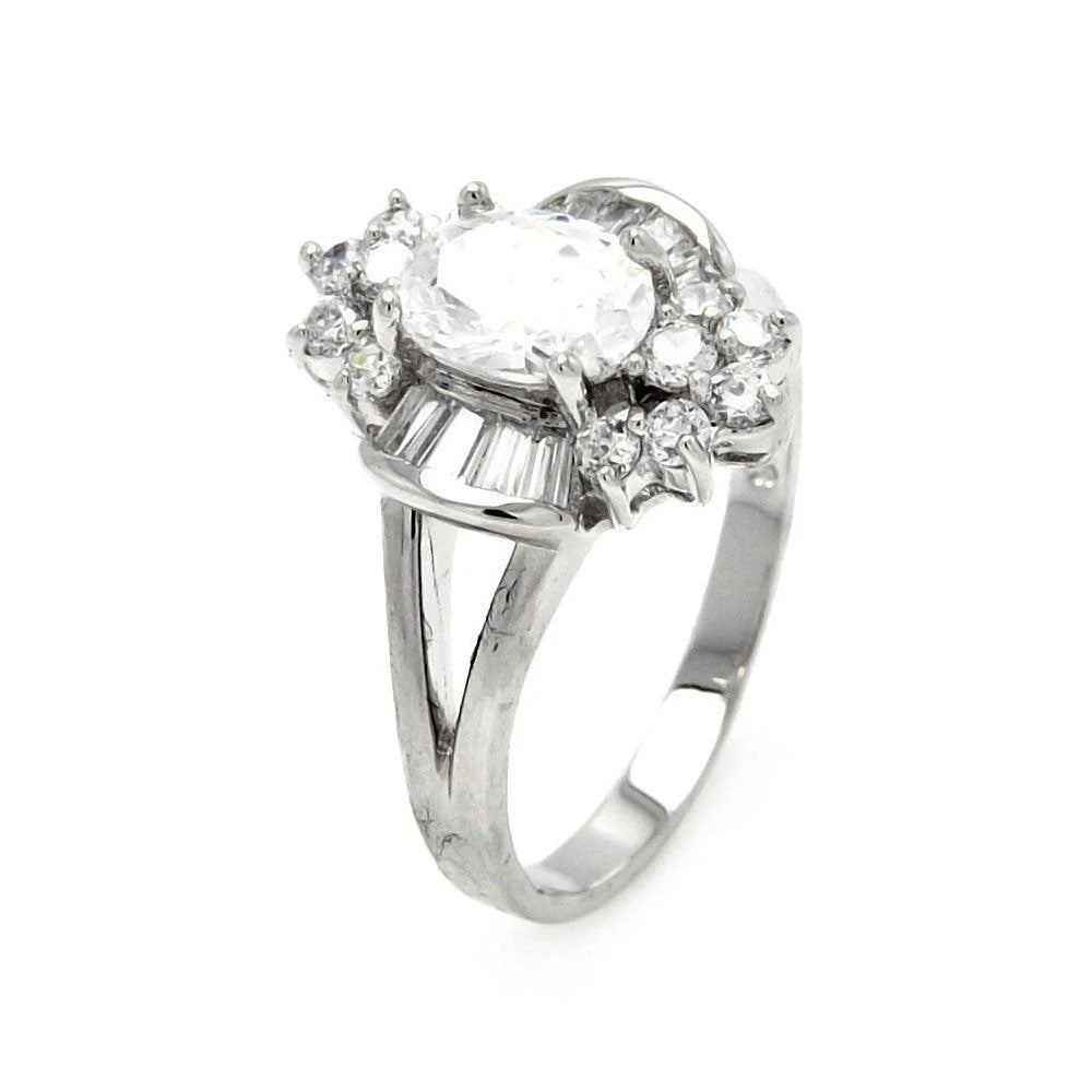 925 Silver Rhodium Plated Clear Baguette Round Center CZ Flower Bridal Ring