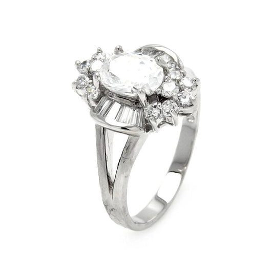 925 Silver Rhodium Plated Clear Baguette Round Center CZ Flower Bridal Ring