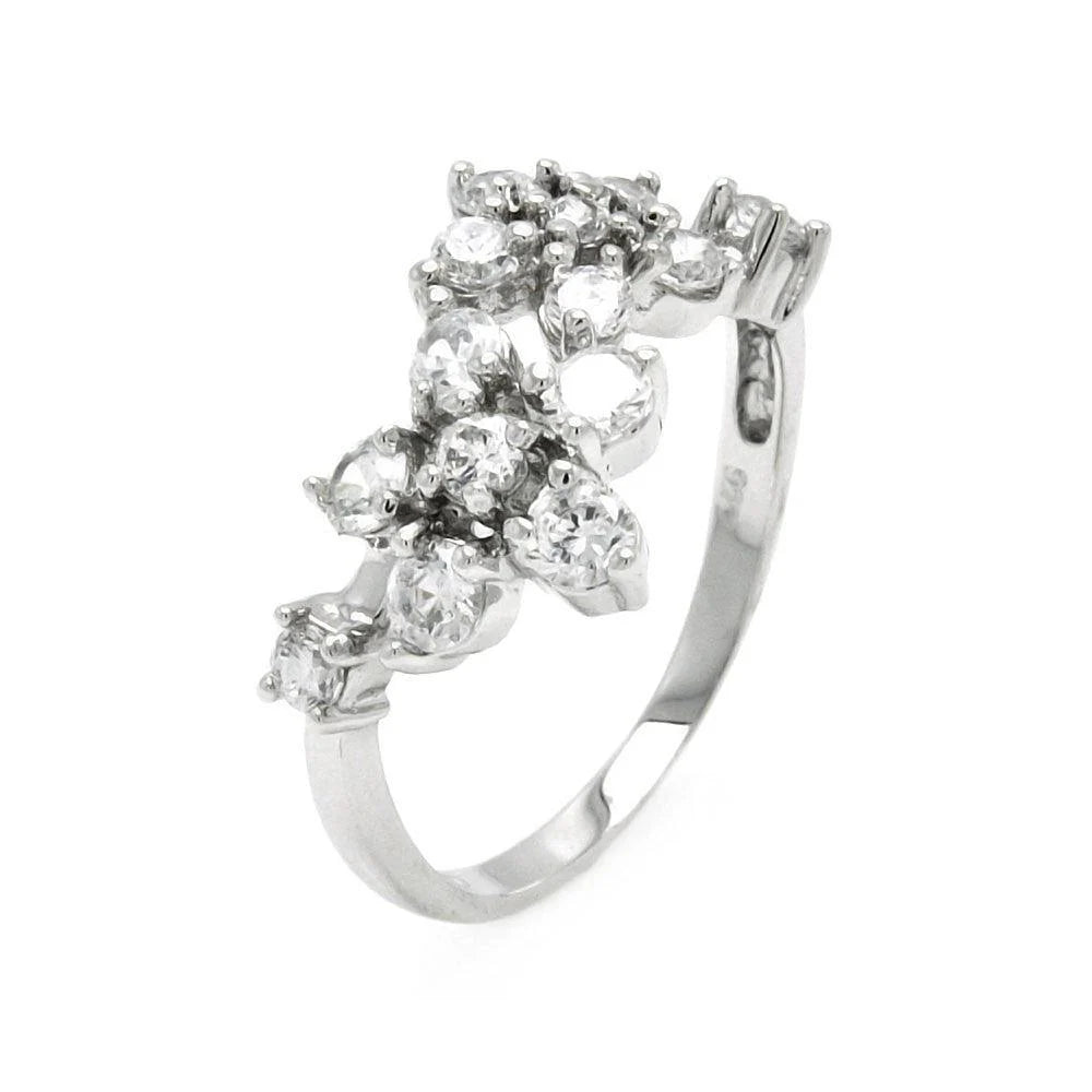 925 Silver Rhodium Plated Clear CZ Flower Ring