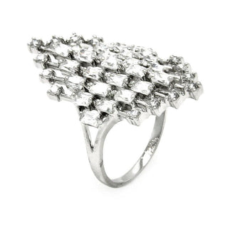 925 Silver Rhodium Plated Clear Baguette and Round CZ Diamond Shaped Ring