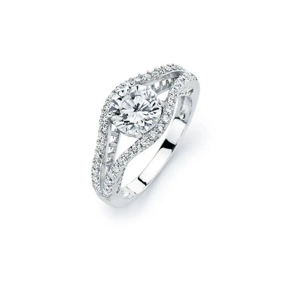 925 Sterling Silver Rhodium Plated Round Clear Pave Set CZ Bridal Ring