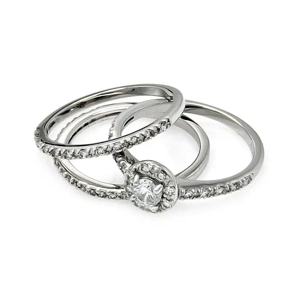 925 Sterling Silver Rhodium Plated Clear Cluster CZ Bridal Stackable Ring Set
