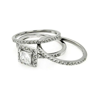 925 Sterling Silver Rhodium Plated Square Clear CZ Stackable Bridal Ring Set