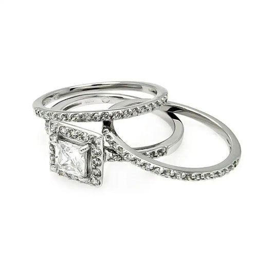 925 Sterling Silver Rhodium Plated Square Clear CZ Stackable Bridal Ring Set