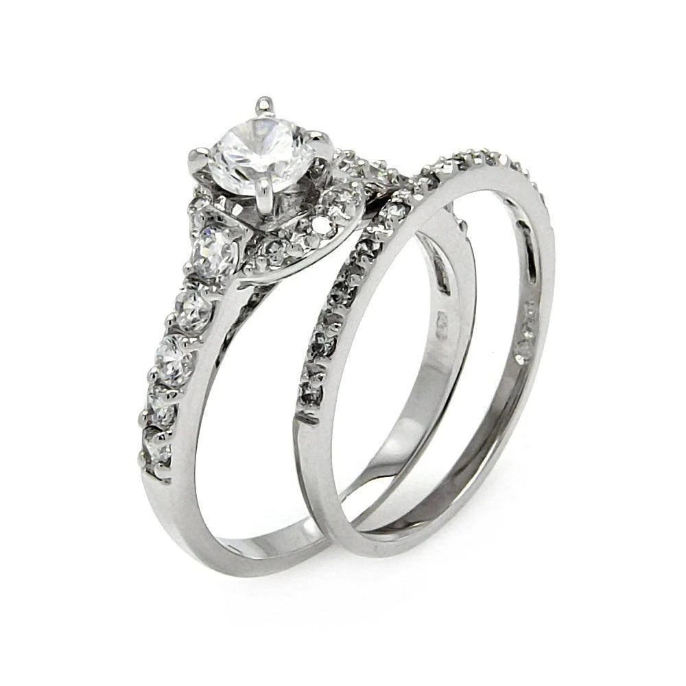 925 Silver Rhodium Plated Clear Round Center Pave Set CZ Bridal Ring Set