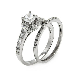 925 Silver Rhodium Plated Clear Round Center Pave Set CZ Bridal Ring Set