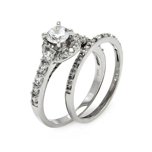 925 Silver Rhodium Plated Clear Round Center Pave Set CZ Bridal Ring Set