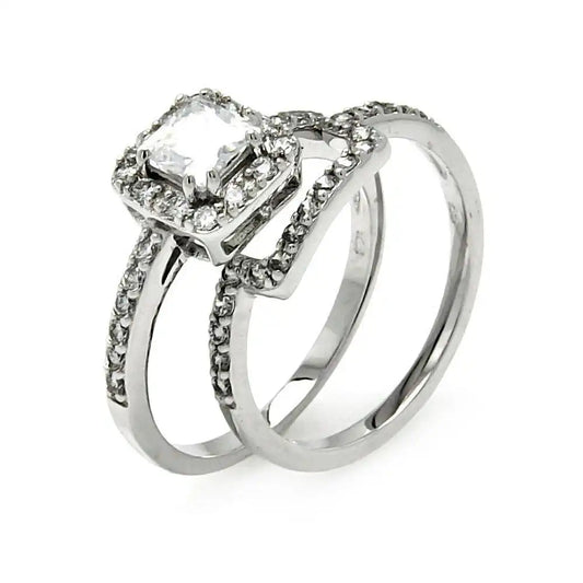 925 Sterling Silver Rhodium Plated Princess Cut Clear CZ Square Bridal Ring Set