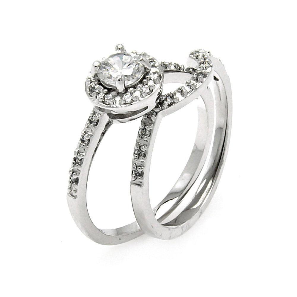 925 Silver Rhodium Plated Round Center Clear CZ Bridal Ring Set
