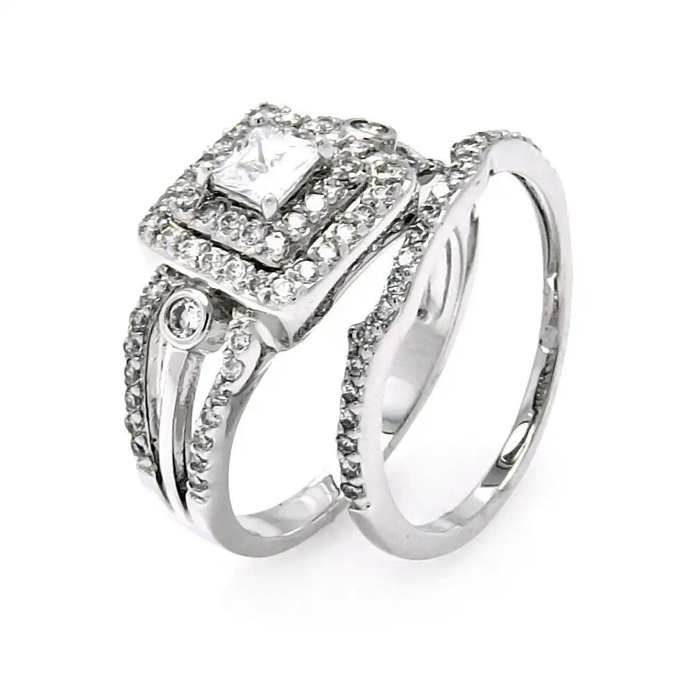 925 Sterling Silver Rhodium Plated Clear CZ Bridal Multi Layer Square Ring Set