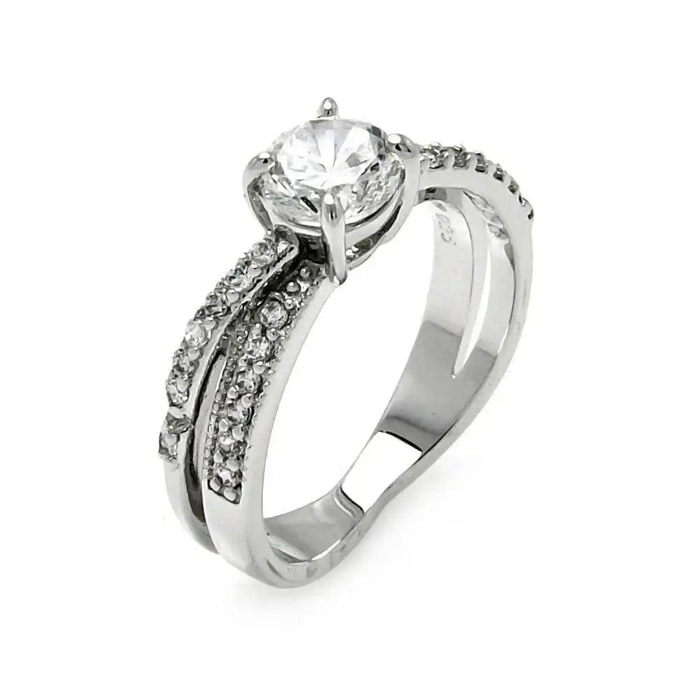925 Sterling Silver Rhodium Plated Clear CZ Round Overlap Bridal Ring