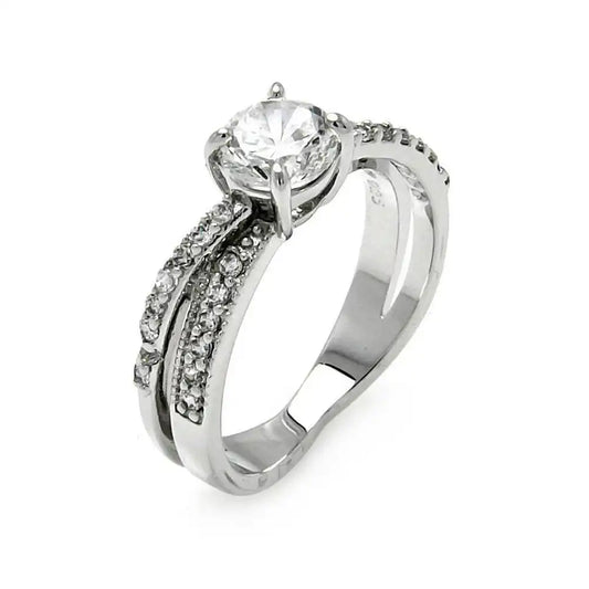 925 Sterling Silver Rhodium Plated Clear CZ Round Overlap Bridal Ring