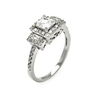 925 Sterling Silver Rhodium Plated Clear Square Center Baguette Round Cluster CZ Bridal Ring