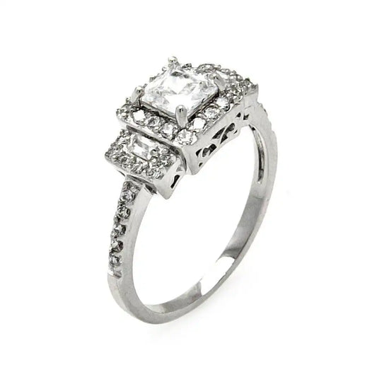 925 Sterling Silver Rhodium Plated Clear Square Center Baguette Round Cluster CZ Bridal Ring