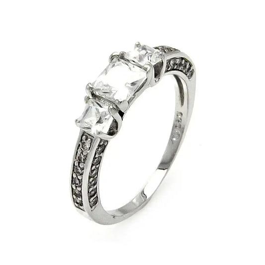 925 Sterling Silver Rhodium Plated Clear Square CZ Bridal Past Present Future Ring