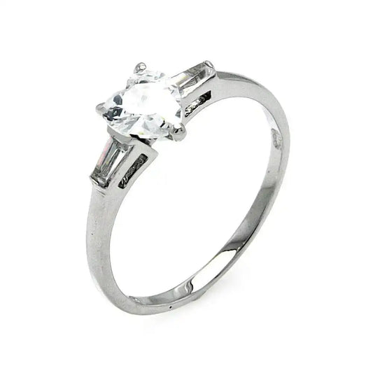 925 Sterling Silver Rhodium Plated Clear Heart and Baguette Sides CZ Ring