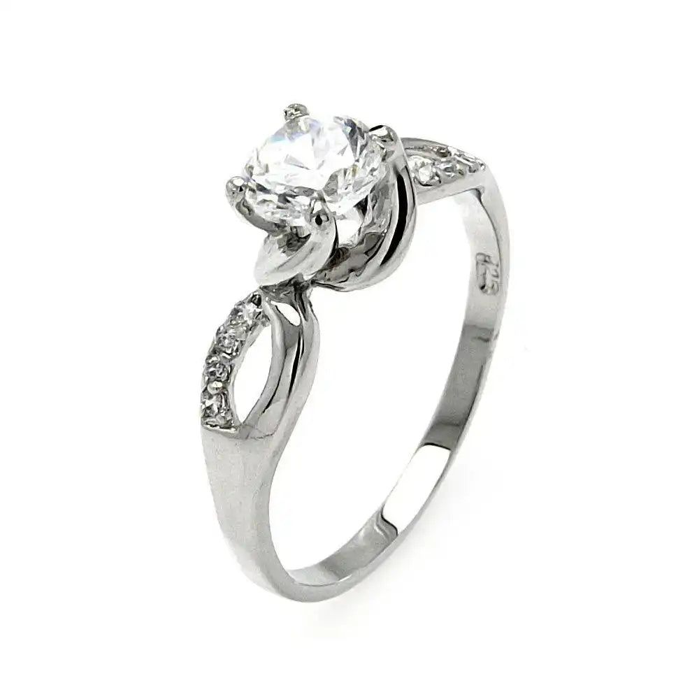 925 Sterling Silver Rhodium Plated Clear Center CZ Twist Ring