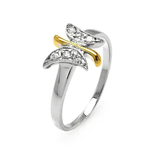 925 Sterling Silver Rhodium and Gold Plated 2 Toned Clear Pave Set CZ Butterfly Ring