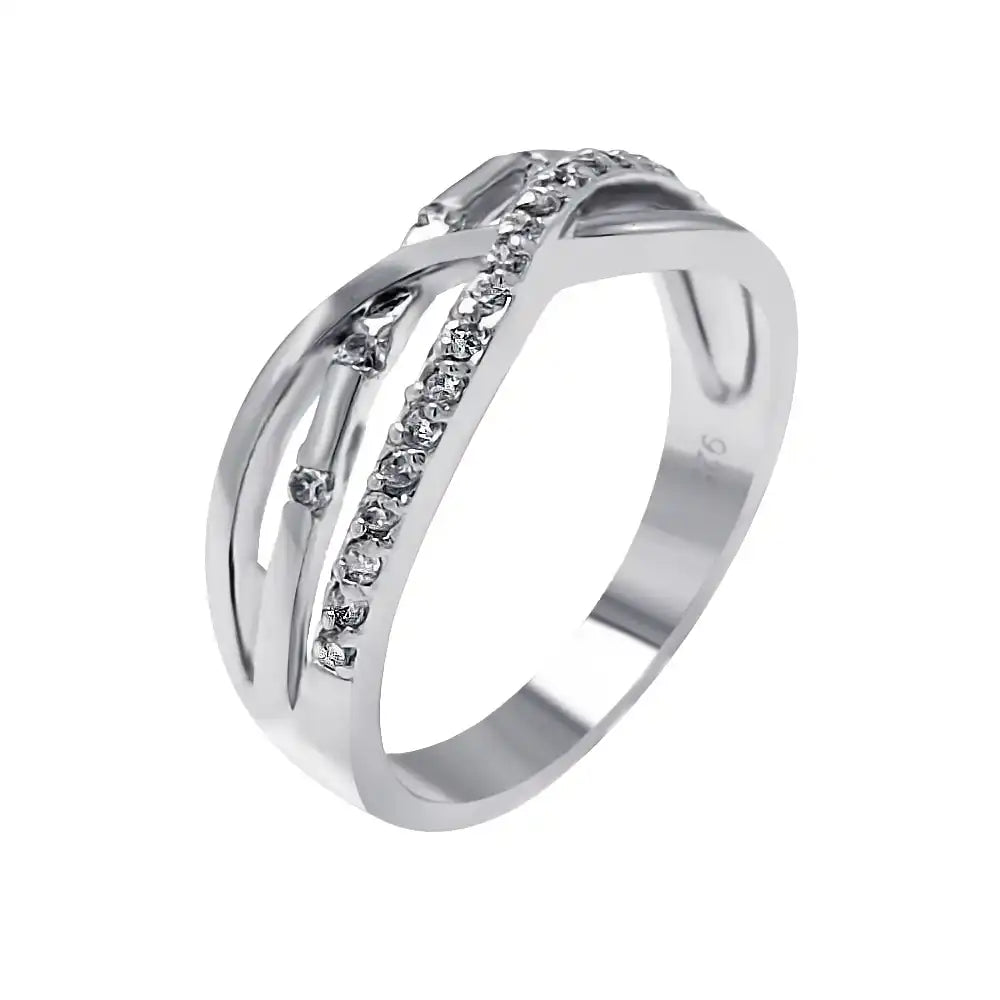 925 Sterling Silver Rhodium Plated Clear CZ 3 Row Overlap Ring