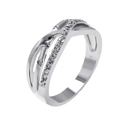 925 Sterling Silver Rhodium Plated Clear CZ 3 Row Overlap Ring