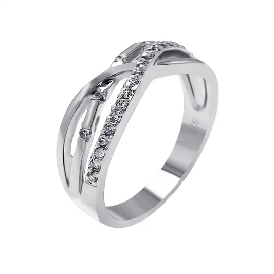 925 Sterling Silver Rhodium Plated Clear CZ 3 Row Overlap Ring